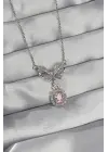  Gümüş  Fiyonk Detay Pembe Zirkon Taşlı Tektaş Çelik Kolye