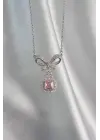  Gümüş  Fiyonk Detay Pembe Zirkon Taşlı Tektaş Çelik Kolye
