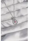  Gümüş  Fiyonk Detaylı Pembe Zirkon Taşlı Damla Model Çelik Kolye