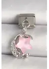 316L Çelik Gümüş Renk Hilal Pembe Mineli Yıldız Model Nomination Charm