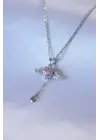  Gümüş  Kanatlı Kalp Figür Zirkon Taş Detay  Çelik Kolye