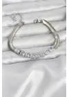 316L Çelik Gümüş Renk Kare Zirkon Taşlı Yılan Zincirli Kadın Bileklik
