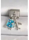 316L Çelik Gümüş Renk Mavi Bavul Uçak Model Nomination Charm