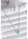  Gümüş  Mavi Kedi Gözü Sedefli Kalp Model  Çelik Kolye