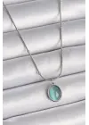  Gümüş  Mavi Kedi Gözü Sedefli Oval Model  Çelik Kolye