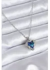  Gümüş  Mavi Kristal Kalp Model Zirkon Taşlı  Çelik Kolye