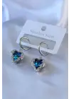   Gümüş Mavi Kristal Taşlı Kalp Model Zirkon Taşlı Çelik Küpe
