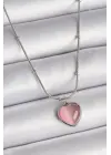  Gümüş  Pembe Kedi Gözü Sedefli Kalp Model  Çelik Kolye