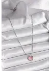  Gümüş  Pembe Kedi Gözü Sedefli Kalp Model  Çelik Kolye