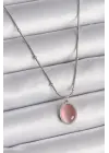  Gümüş  Pembe Kedi Gözü Sedefli Oval Model  Çelik Kolye