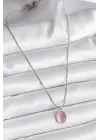  Gümüş  Pembe Kedi Gözü Sedefli Oval Model  Çelik Kolye