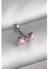 316L Çelik Gümüş Renk Pembe Kurdele Zirkon Taş Detay Tragus Piercing