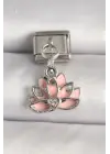 316L Çelik Gümüş Renk Pembe Lotus Model Zirkon Taş Detaylı Nomination Charm