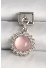 316L Çelik Gümüş Renk Pembe Mineli Zirkon Taşlı Güneş Model Nomination Charm