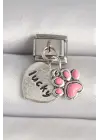 316L Çelik Gümüş Renk Pembe Pati lucky İşlemeli Kalp Model Nomination Charm