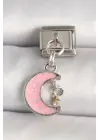 316L Çelik Gümüş Renk Pembe Simli Hilal Model Sallantı Detay Nomination Charm