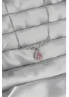 Gümüş Pembe Zirkon Taşlı Damla Çelik Kolye