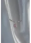 Gümüş Pembe Zirkon Taşlı Damla Çelik Kolye