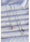  Gümüş  Pembe Zirkon Taşlı Kalp Figür Çelik Kolye