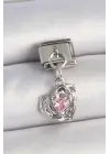 316L Çelik Gümüş Renk Pembe Zirkon Taşlı Kalpli Gül Model Nomination Charm
