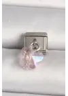 316L Çelik Gümüş Renk Pembe Zirkon Taşlı Kelebek Model Nomination Charm