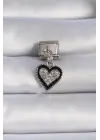 316L Çelik Gümüş Renk Sallantı Zirkon Taşlı Siyah Kalp Figür Nomination Charm