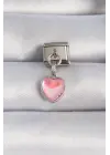 316L Çelik Gümüş Renk Sallantılı Pembe Mineli Kalp Figür Nomination Charm