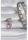 316L Çelik Gümüş Renk Sallantılı Pembe Mineli Kalp Figür Nomination Charm
