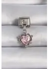 316L Çelik Gümüş Renk Sallantılı Pembe Zirkon Taşlı Kalp Nomination Charm