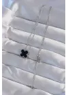  Gümüş  Siyah Mineli Yonca Çelik Kolye