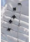  Gümüş  Siyah Mineli Yonca Çelik Kolye