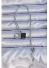  Gümüş  Siyah Mineli Zirkon Taşlı Yonca Figürlü Çelik Kolye