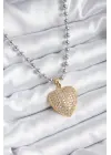  Gümüş  Topçuk Zincir Altın Zirkon Taşlı Kalp Tasarım 