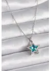 Gümüş  Turkuaz Zirkon Taşlı Yıldız Model  Çelik Kolye