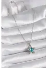  Gümüş  Turkuaz Zirkon Taşlı Yıldız Model  Çelik Kolye