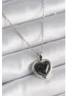  Gümüş  Yeşil Mineli Kalp Model  Çelik Kolye