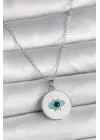  Gümüş  Zincir Beyaz Mineli Turkuaz Göz İşleme Model  Çelik Kolye