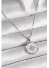  Gümüş  Zincir Beyaz Sedefli Zirkon Taşlı Yıldız İşleme Model  Çelik Kolye