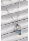  Gümüş  Zincir Mavi Kedi Göz Model  Çelik Kolye