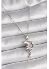  Gümüş  Zincir Mineli Hilal Model Sallantı Damla Detay  Çelik Kolye