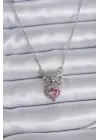  Gümüş  Zincir Pembe Kristal Kalp Zirkon Taşlı Kurdele Model  Çelik Kolye