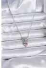  Gümüş  Zincir Pembe Kristal Kalp Zirkon Taşlı Kurdele Model  Çelik Kolye