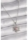  Gümüş  Zincir Pembe Mineli Zirkon Taşlı Güneş Model  Çelik Kolye