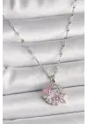  Gümüş  Zincir Pembe Zirkon Taşlı Çiçek Figür Kalp Detay  Çelik Kolye