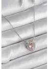 Gümüş  Zincir Pembe Zirkon Taşlı Kalp Figür  Çelik Kolye