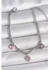 316L Çelik Gümüş Renk Zincir Sallantı Pembe Zirkon Taşlı Kalp Model Kadın Bileklik