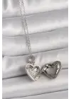  Gümüş  Zincir Zirkon Taşlı Açılır Kalp Model  Çelik Kolye