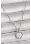  Gümüş  Zincir Zirkon Taşlı Beyaz Mineli Kalp Model  Çelik Kolye