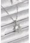  Gümüş  Zincir Zirkon Taşlı Güneş Model  Çelik Kolye