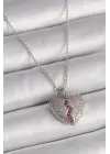  Gümüş  Zincir Zirkon Taşlı Kalp Model  Çelik Kolye